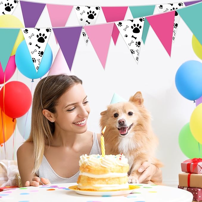 Tiamon 5 Pcs Blue and Pink Dog Paw Birthday Banner Decoration Purple and Puppy Paw Print Pennant Bunting 49.2 Ft Puppy Print Triangle Flag for Boy and Girl Birthday Dog Baby Showers Party Decoration