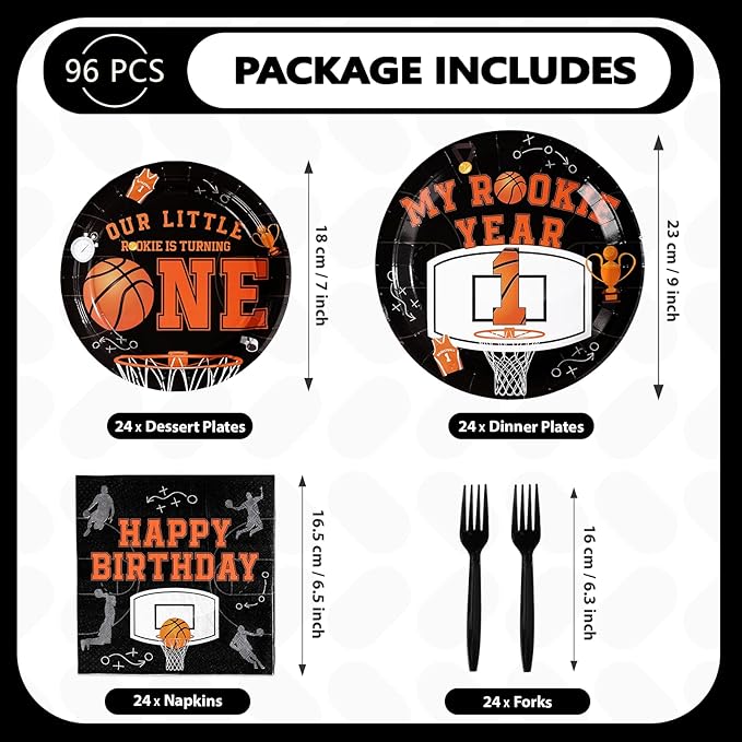 96Pcs Basketball 1st Birthday Party Supplies My Rookie Year First Plates and Napkins Disposable Basketball Theme 1st Tableware Set for Boys Kids One Year Old Baby Shower Party Decorations，Serves 24