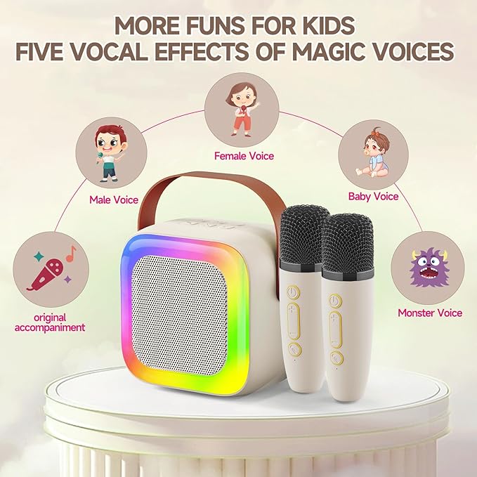 Mini Karaoke Machine for Kids Teen Adults, Kids Karaoke Machine with 2 Wireless Microphones and LED Lights Toys for Party, Home, Gifts for 4 5 6 7 8 9 10 11 12+ Years Girls Boys(Beige)