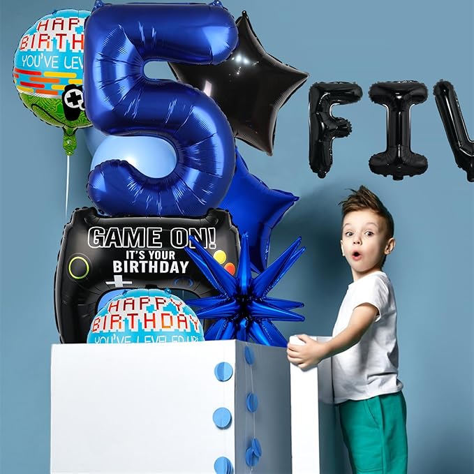 12pcs Video Game Themed Party Decorations, Number 5th Boys Birthday Party Supplies, Navy Blue Video Game Controller Mylar Foil Balloon, Video Game Party Decoration Supplies