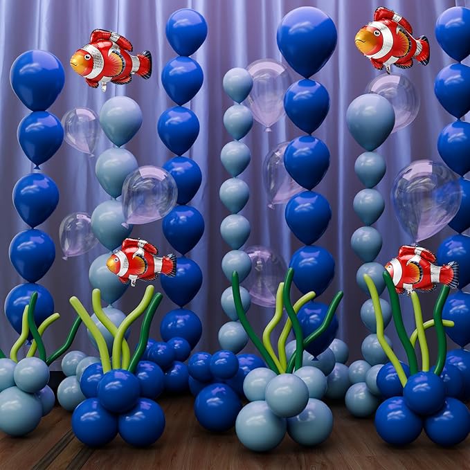 Gejoy 157 Pcs Under The Sea Balloon Decor Kit Ocean Party Baby Shower Decorations, Latex Blue Clear Bubble Green Orange Balloons Aluminum Clownfish for Under Sea Birthday Wedding Stage Party Supplies