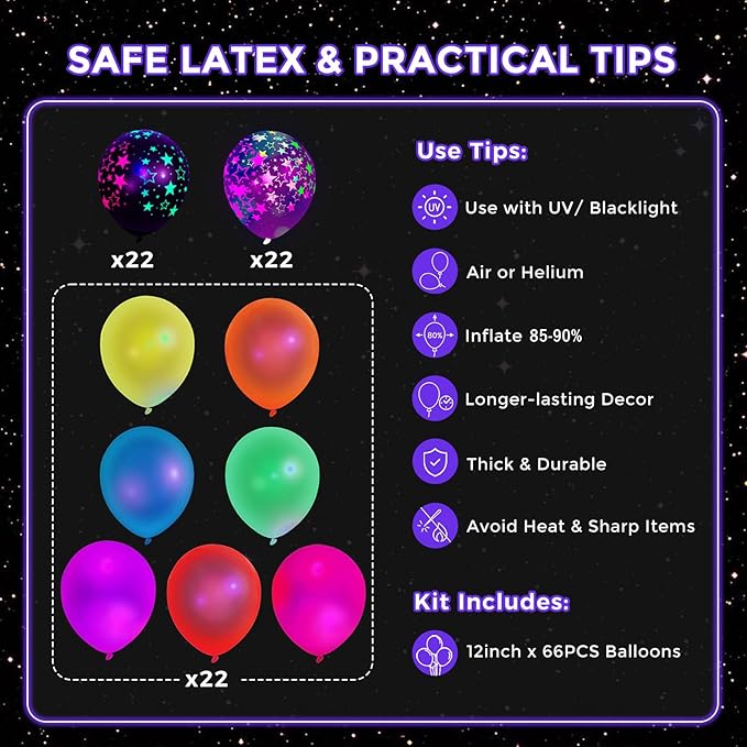 LovesTown 66PCS UV Neon Glow Party Set, 12" Fluorescent Glow Latex Decorations with Stars for Birthday, Wedding & Party Supplies
