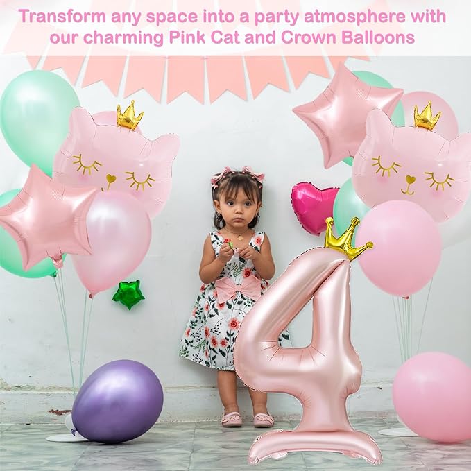 Pink Cat Balloon Set, Crown Cat Foil Balloon, 4 Year Old Girl Birthday Party Decoration, Cat Theme Party Decoration, Theme Party Supplies for Girls Kitten Pet Cat (4)