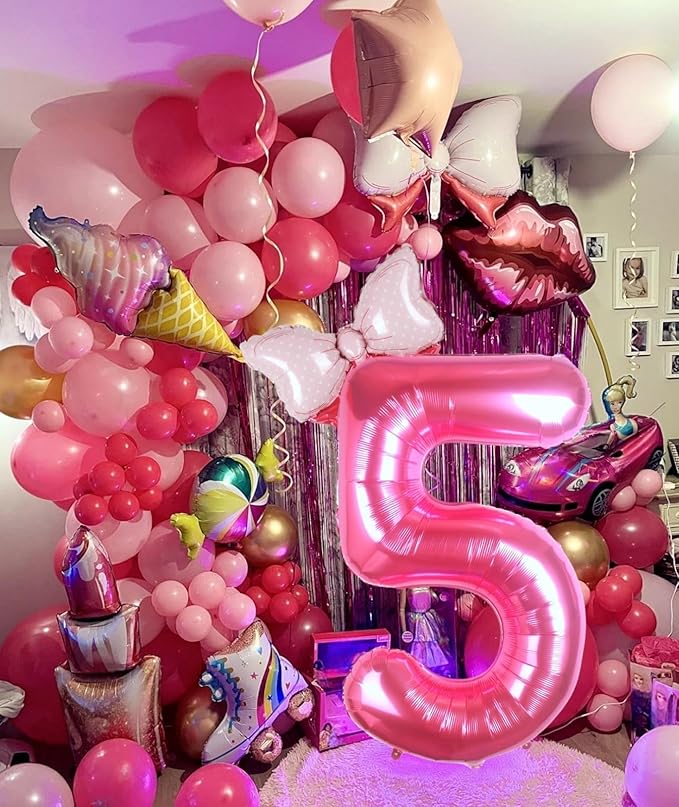 40 Inch Pink Number 5 Balloon with Mini Bow Balloon for Girls 5th Birthday Decorations, Pink Girl Princess Western Cowgirl Theme Birthday Party Balloons Decorations Supplies