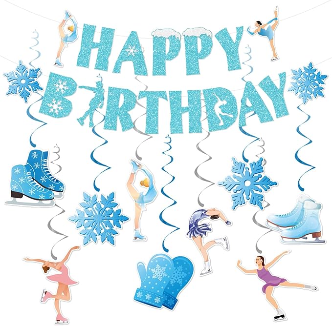 Zwiebeco Ice Skating Happy Birthday Banner Bunting Hanging Paper Swirls Garland Party Decorations for Baby Shower Winter Snowflake Themed Snow Princess Girls Women Bday Decor Accessories Supplies