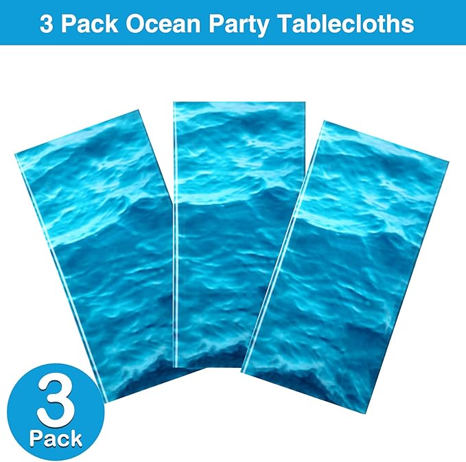 Irenare 3 Pieces Ocean Waves Plastic Tablecloth 54 x 108 Inch Ocean Table Cover Water Print Table Cover Sea Tablecloth Blue for Beach Pool Birthday Party Decoration Shower Supplies