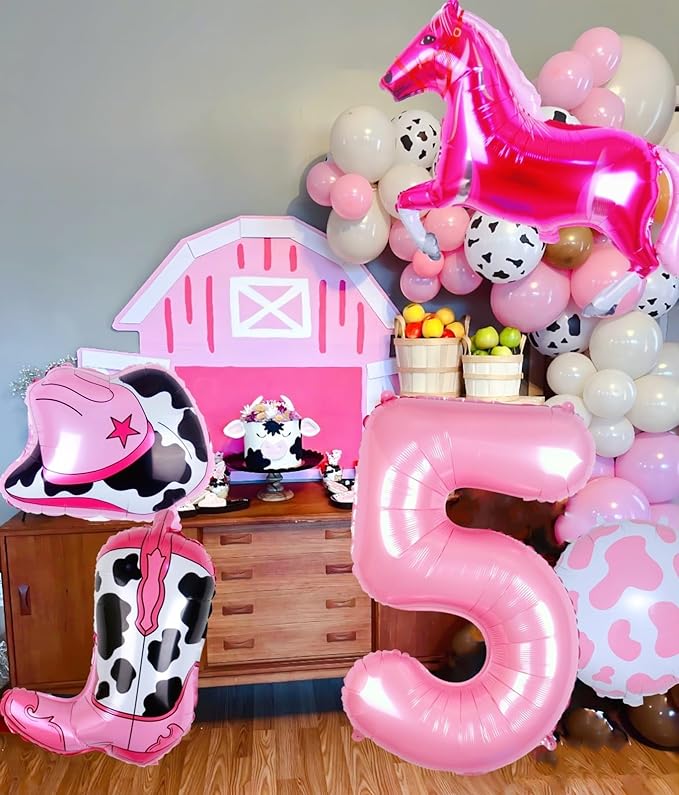 Western Cowgirl Balloons Pink 5th Birthday Party Decorations, Retro Horse Cowboy Hat Boot Balloons Girls Western Theme Rodeo Birthday Party Decorations Supplies Decor (32 Inch Pink 5 balloon)
