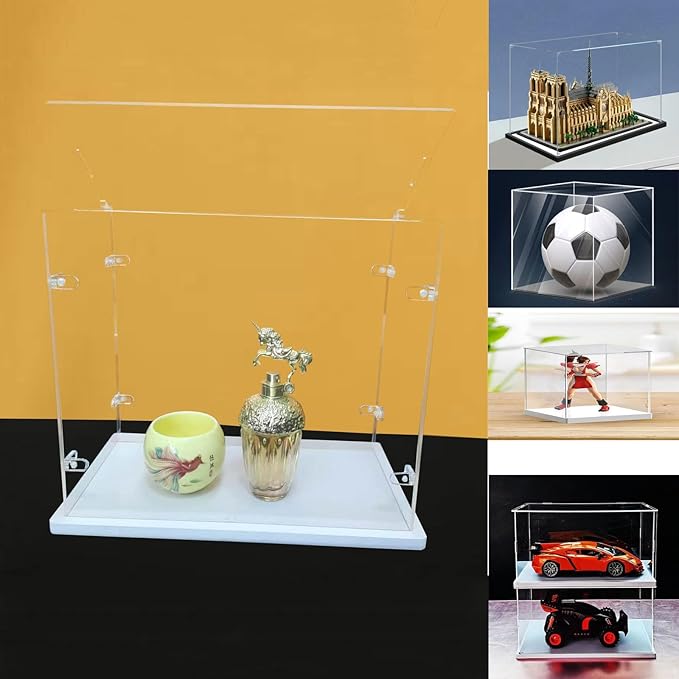 Clear Acrylic Display Cabinet Assembly, Thickened Base, top openable Door, Sturdy L-Shaped Buckle, dust Protection Cabinet for Action Doll Toy Collectibles (White, 50x30x40cm/20X12X16in)