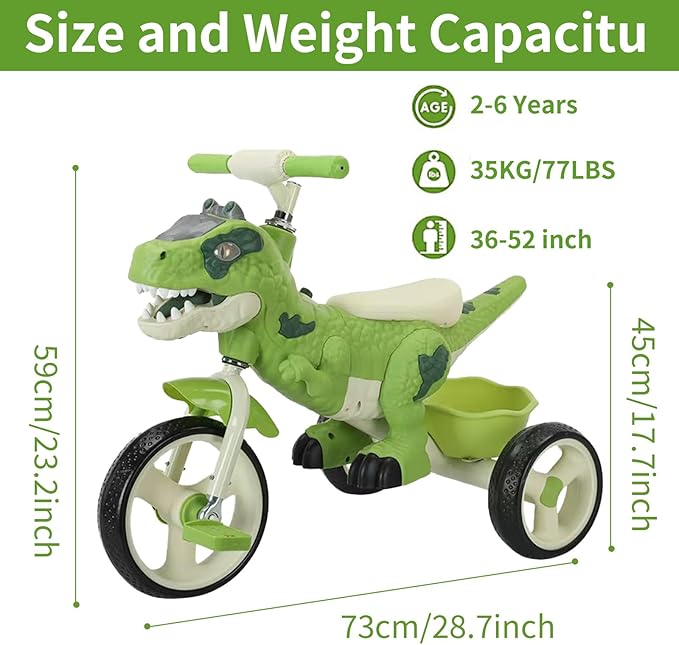 Dinosaur Kids Tricycle for Rider- Toddlers Kid Trike Bike Big Wheel with Music, Storage Basket,Indoor/Outdoor Preschool Daycare Kids Bike,Best Gift for 3-7 Year Old Girls & Boys (Green)
