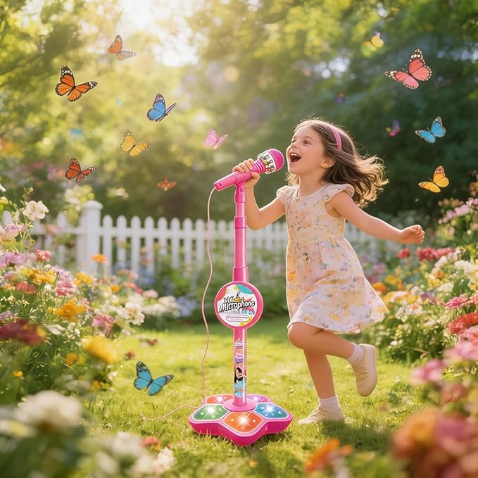 2026 New Star Microphone with Stand, Built-in Music & Colorful Lights, Echo Effects Portable Karaoke Machine, Kid-Friendly Singing Toy for Music Play (Pink)