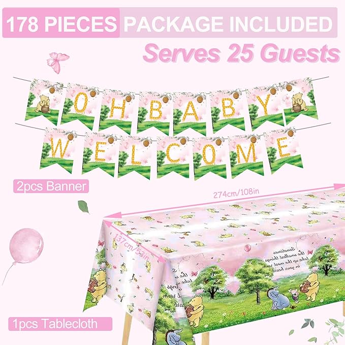 178pcs Pink Winnie Bear Baby Shower Pooh Party Supplies Decorations Oh Baby Plates and Napkins Tableware Set for Boys Girls Newborn Kids Cups Tablecloth Banner Birthday Decorations for 25 Guests