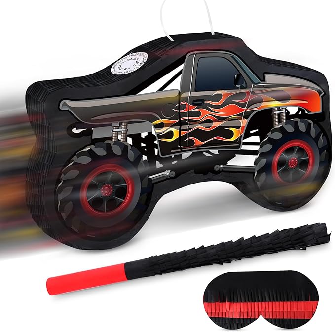Hooqict Monster Truck Pinata Car Birthday Pinata with Blindfold and Bat Stick for Kids Boys Monster Truck Party Supplies Racing Car Construction Themed Party Decorations