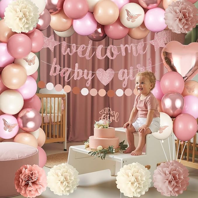 Pink Baby Shower Decorations for Girl, Boho Dusty Blush Pink Rose Gold Beige White Latex Balloons Welcome Baby Banner Its A Girl Cake Topper Pom Poms Fringe Curtain for Girls Birthday Party Decoration