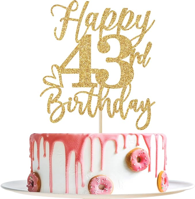 Happy 43rd Birthday Cake Topper, 43rd Birthday Decorations, Cheers to 43 Years, Hello 43, 43rd Happy Birthday Party Supplies Gold Glitter