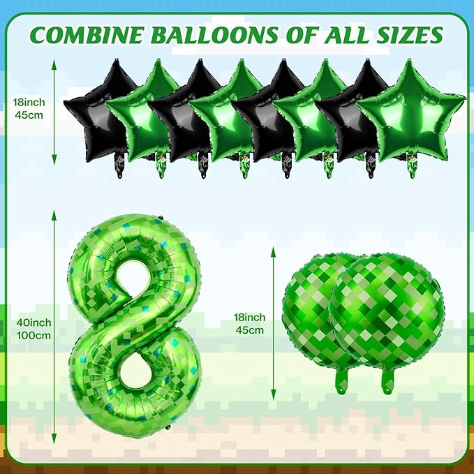 40 Inch Green Pixel Themed Number 8 Balloon Set Foil Balloon for Girls & Boys Birthday Party Decorations, Party Supplies & Favors(Number 8)