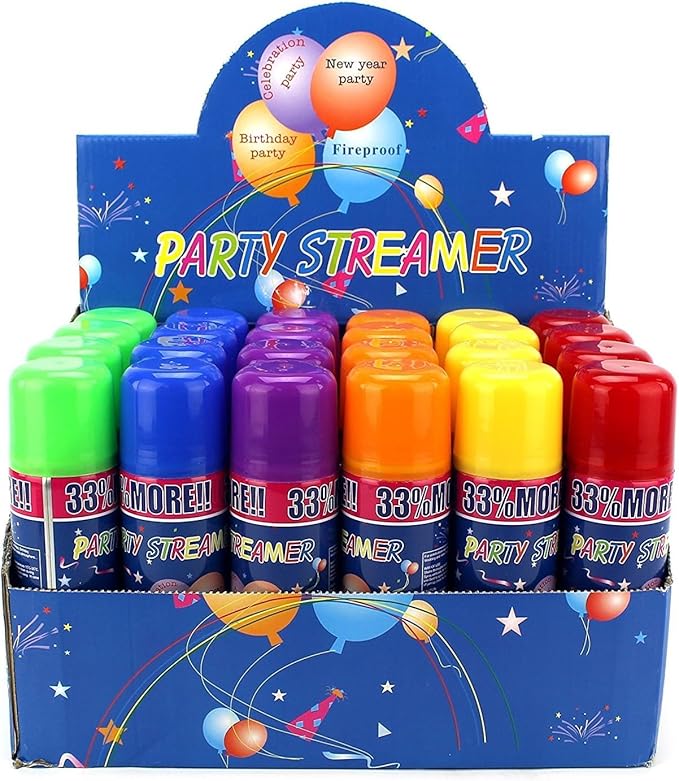 12 Pack Party String Spray (3 oz Each) – Streamer Spray in a Can, Full Color Set with 2 of Each Color, Party Supplies for Kids’ Parties, Birthdays, and Celebrations