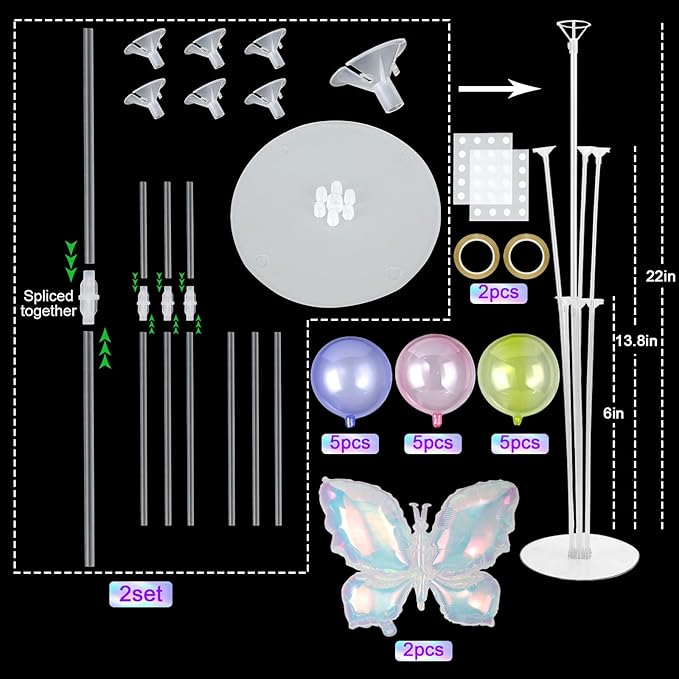 Colored Translucent Butterfly Party Balloons Stand Kit 2 Sets with Rainbow Holographic Clear Butterfly Foil Balloons Party Balloon Centerpiece for Tables for Holiday Birthday Wedding Decorations
