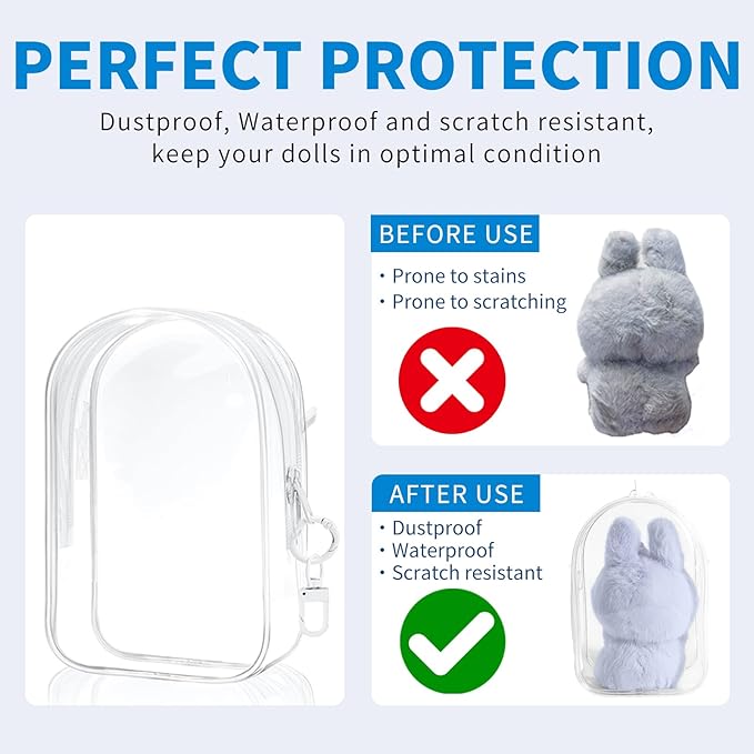 Protective Case for Labubu Plush Doll, Clear Hanging Display Bag with Keychain, Toy Storage Box carrier, PVC Transparent Figure Cover, Carrying Pouch Accessory(Doll Not Include) (Medium 6.1")