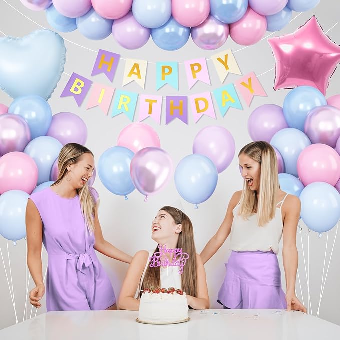 Pink Purple Blue Birthday Decorations,Pastel Balloon Decor Happy Birthday Banner Cake Topper Star Heart Foil Balloon for Girl Baby Shower Gender Reveal Party