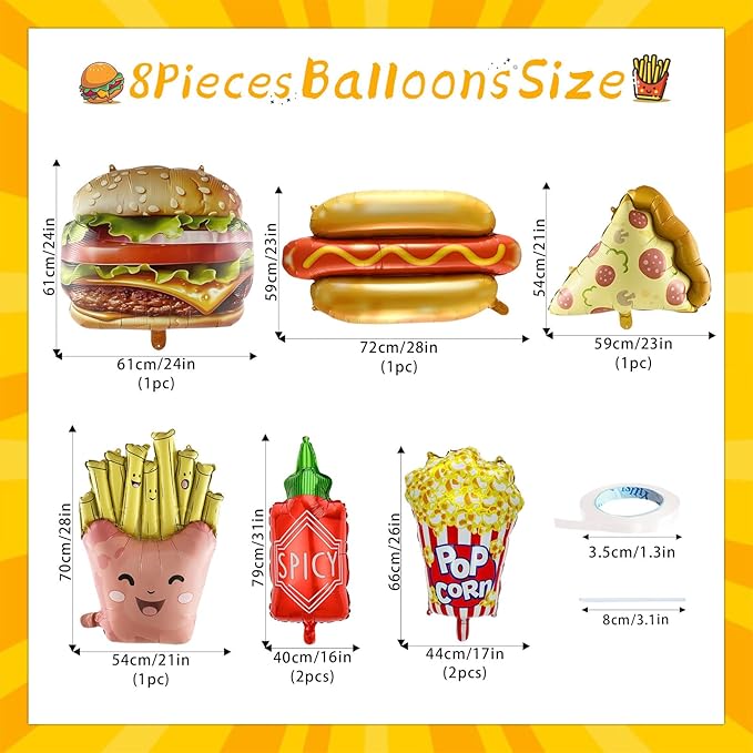 8 Pcs Food Themed Balloons Hot Dog Hamburger French Fries Popcorn Picnic Foil Balloons for BBQ Party Decorations Picnic Cookout Snacks Birthday Party Decorations Supplies