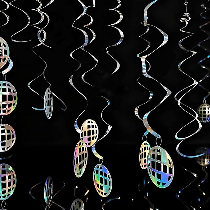 Disco Hanging Swirl Set Party Decorations, 48 Pcs, Disco Ball Party Supplies Sign,Silver