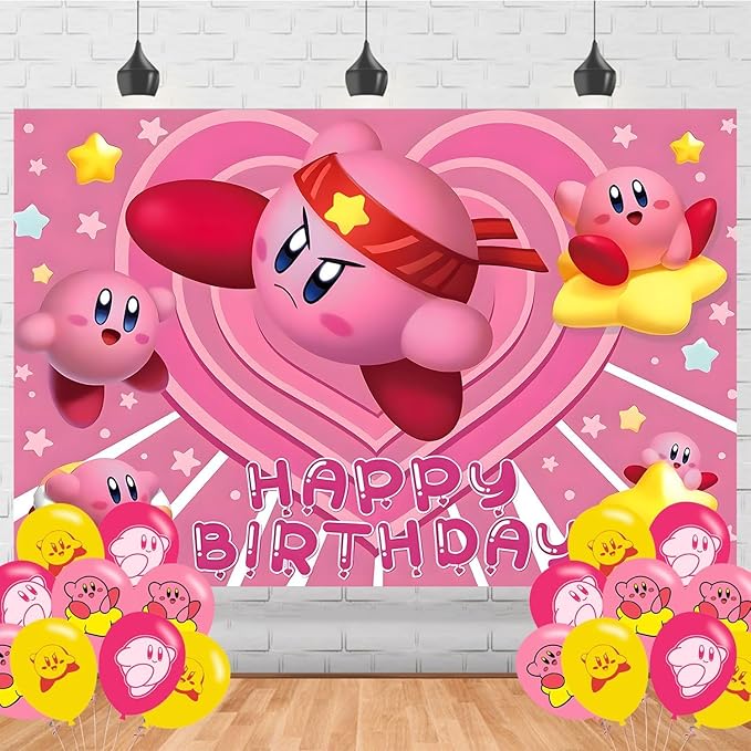 Kirbyy Game Star Birthday Decorations,Cartoon Star Backdrops for Party Decorations Supplies,Kirbyy Happy Birthday Banner Backdrop for Party Supplies (5x3ft)