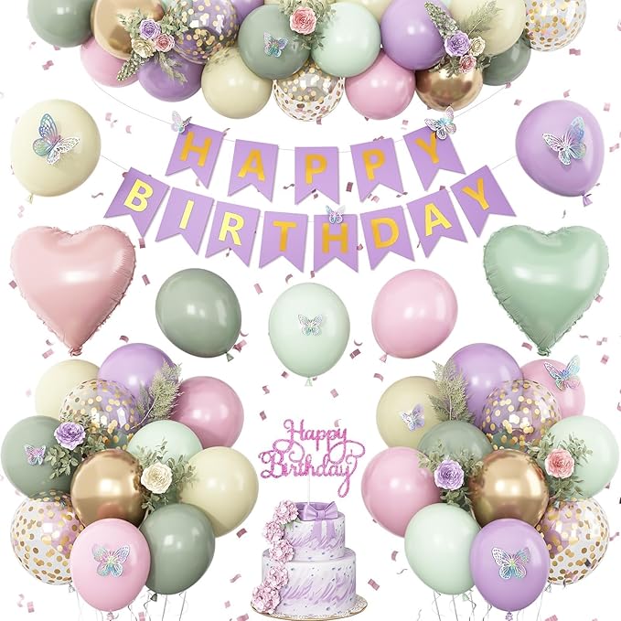 Fairy Birthday Decorations for Women Girls,Fairy Themed Party Decorations Sage Green Purple Pink Yellow Balloons Happy Birthday Banner Girls Butterfly Birthday Decor Spring Tea Party Supplies