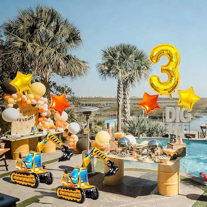 Construction Balloons, Self Standing 4D Excavator Balloon, Golden and Orange Star Balloon, Number 3 Foil Balloons for Kids 3rd Birthday Party Decorations Supplies.(3rd)