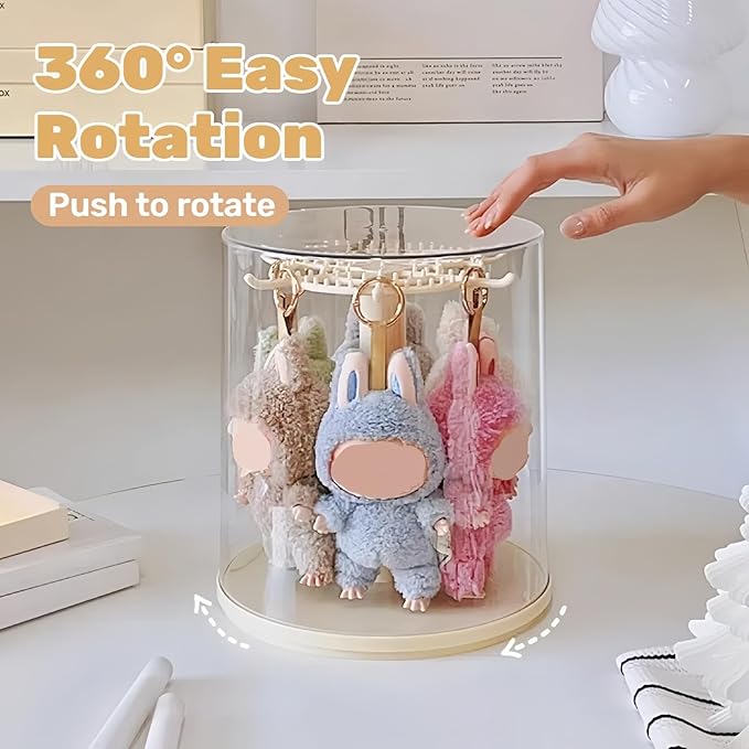 Transparent 360° Rotating Display Stand for Plush Dolls Keychains& Collectibles - All-Round Display, Dust-Proof Storage Box with Cover, No Installation Required(No Doll)