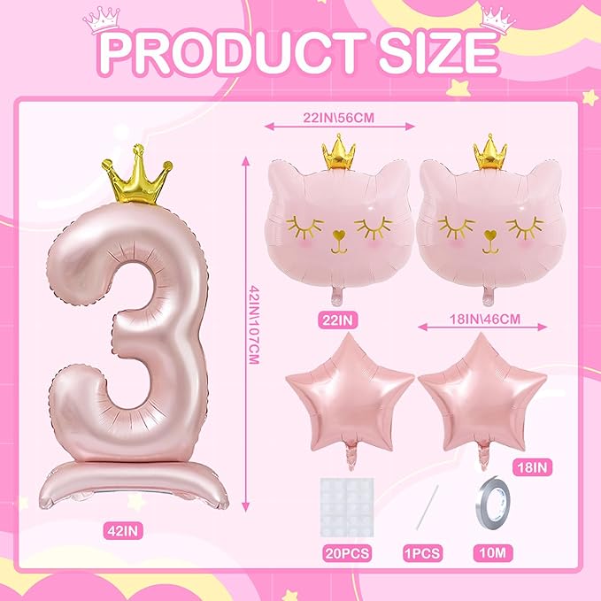 Pink Cat Balloon Set, Crown Cat Foil Balloon, 3 Year Old Girl Birthday Party Decoration, Cat Theme Party Decoration, Theme Party Supplies for Girls Kitten Pet Cat (3)