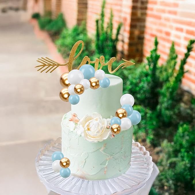 Gyufise 30Pcs Ball Cake Topper Ball Cake Picks Colorful Pearl Ball Shaped Cupcake Insert Cake Topper for Bear Theme Birthday Party Favors Wedding Decoration Supplies Blue White Gold