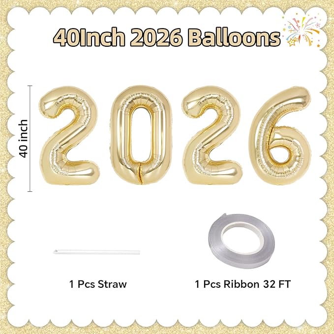 KALOR 42 Inch 2026 Light Gold Foil Mylar Number Balloons, 2026 New Years Decorations for 2026 Happy New Year Eve and Graduations Party Supplies