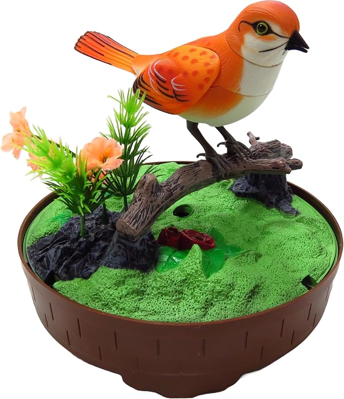 PowerTRC Singing & Chirping Bird in Cage, Realistic Sounds & Movements, Sound Activated, Battery Operated, Great Desk and Room Accessory, Pet Caged Bird Toy (10” x 7”)