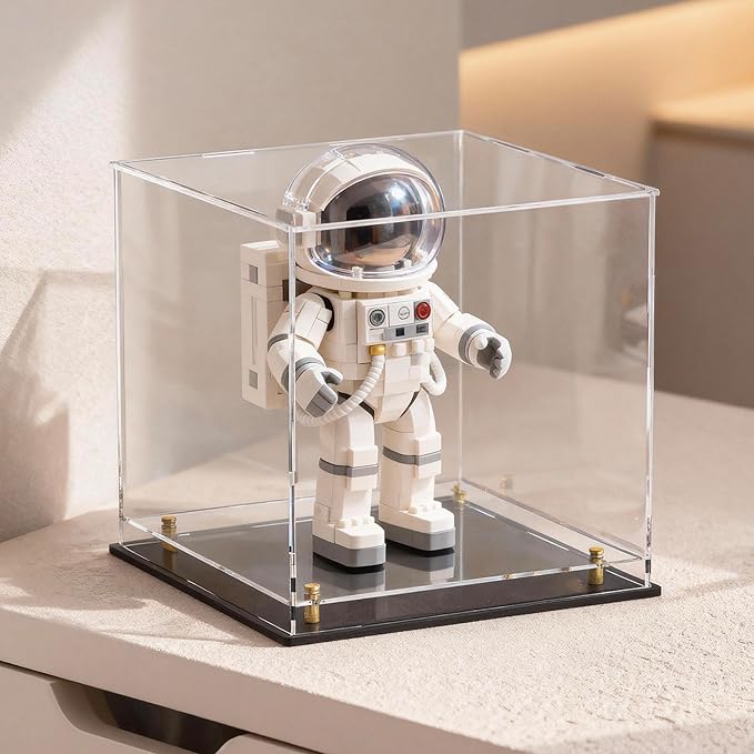 Acrylic Display Case for Collectibles, Dustproof Acrylic Box with Clear Display Elevation & Gold Risers, Large Display Case for Figures Toys Memorabilia, 8" L x 8" W x 8" H