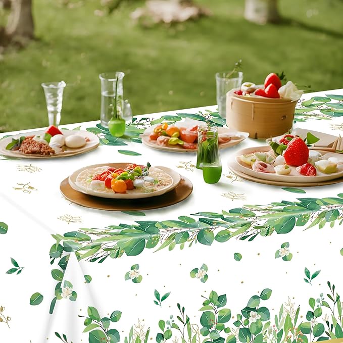 4 Pack Sage Green Eucalyptus Leaf Tablecover Sage Greenery Tablecloth Plastic Green Leaves Rectangular Greenery Table Cloths for Neutral Baby Shower Birthday Jungle Wedding Party Supplies 86 x 51 IN