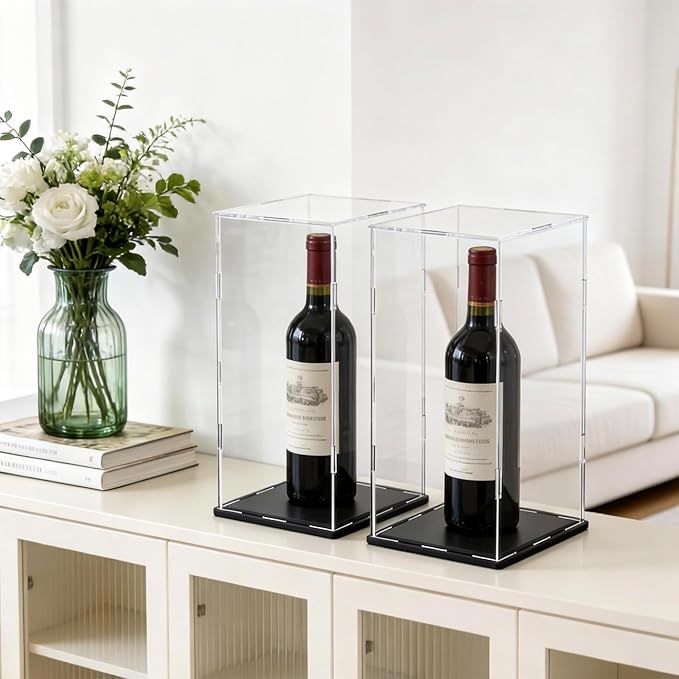 Acrylic Display Case with Matt Black Base and Lid, Dust-Proof Acrylic Box, Tall Showcase Counter-Tops Box for Red Wine Bottles, Figures, Dolls and Colletables (7x7x16 inch)