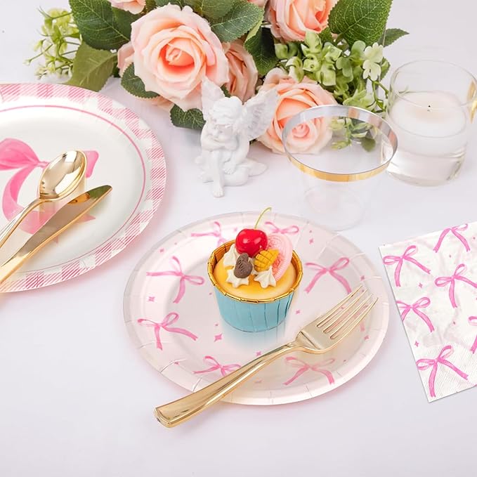 180Pcs Pink Bow Party Supplies Paper Plates and Napkins Serve 60 Disposable Tableware Set for Birthday Party Decorations Game Day Family Holiday Sports Events