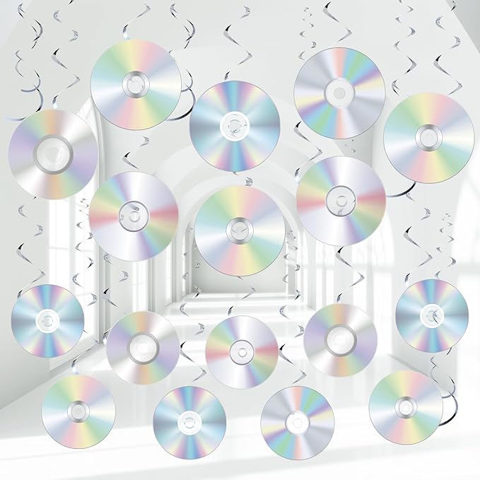 Pajean 25 Pcs CD Swirls Decorations 90s Party Hanging Decorations Retro 80s 90s Music Theme Ceiling Streamers Iridescent CD Disco Wall Cutouts for 1990s 2000s Y2k Birthday Throwback Supplies