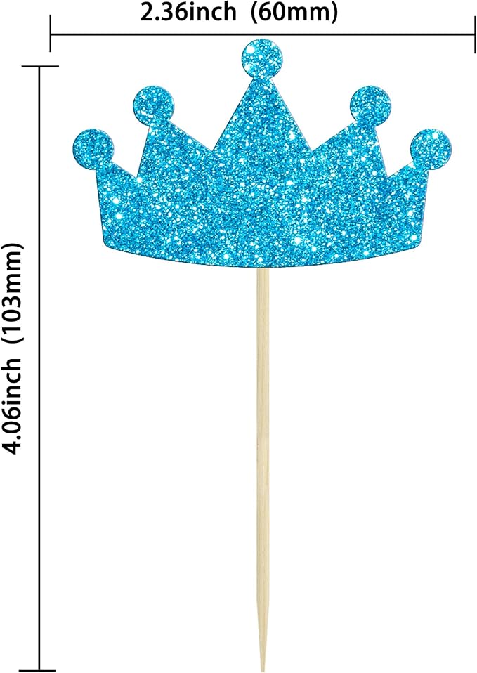 Ephlyn 24Pcs Crown Cupcake Toppers Glitter Queen Crown Cupcake Picks for Queen Princess Theme Baby Shower Girls Wedding Birthday Party Cake Decorations Supplies Blue