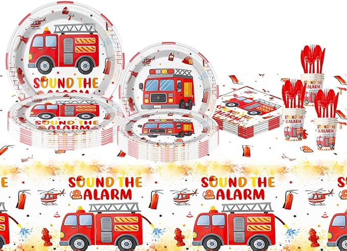 81PCS Fire Truck Birthday Party Supplies Tableware,Firetruck Birthday Decorations,Fireman Party Supplies,Can Be Used To Popularize Fire Safety