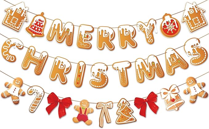 PAPER JAZZ Gingerbread Christmas Decoration Merry Christmas Banner,3 Pcs Gingerbread Christmas Garland,Xmas Backdrop Cute Hanging Decor for Wall, Tree, Door, Yard, Home, Office, Indoor Outdoor.