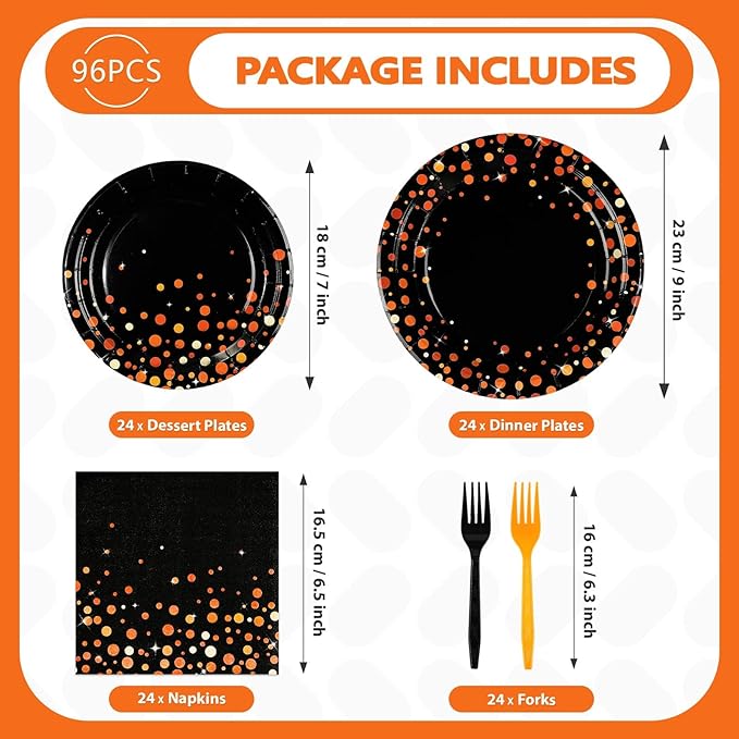 96Pcs Orange and Black Birthday Party Decorations Black Orange Polka Dot Plates and Napkins Sets for Birthday Wedding Bridal Shower Baby Shower Harvest Party Supplies Serves 24