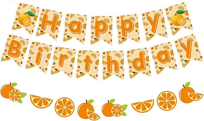 Zwiebeco Orange Happy Birthday Party Decorations Sign Banner Bunting Garland Hanging Paper Kit for Girl Women Kid Adult Summer Fruit Themed Accessories Supplies