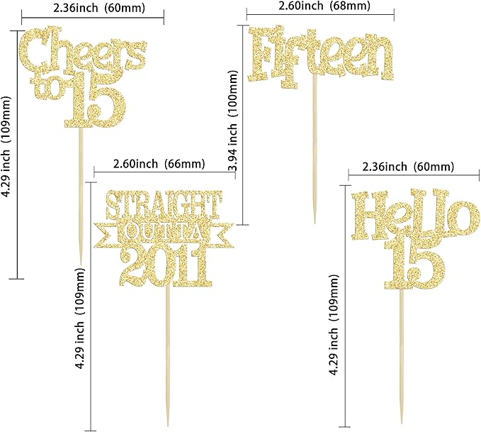 Ephlyn 24Pcs 15th Birthday Cupcake Toppers Glitter Straight Outta 2011 Cupcake Picks Hello 15 Cheers to 15 Years Cake Decorations for 15th Birthday Anniversary Party Decorations Supplies Gold