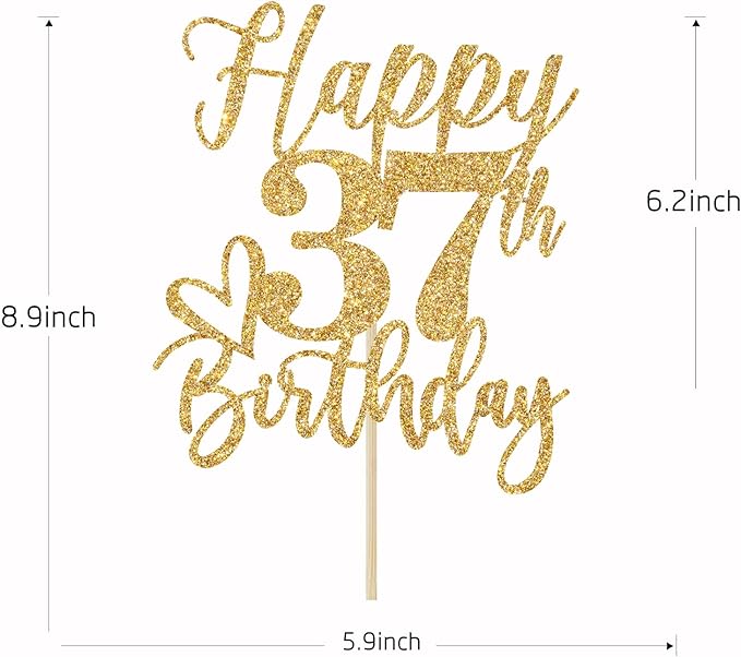 Happy 37th Birthday Cake Topper, 37th Birthday Decorations, Cheers to 37 Years, 37 Happy Birthday Party Supplies Gold Glitter