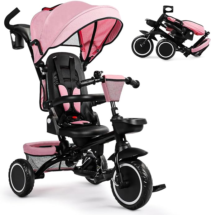 Folding Kids Tricycle, 8 in 1 Toddler Trike W/Removable & Adjustable Canopy, Parent Handle, 5-Piont Harness, Toddler Bike Tricycle for Kids 1-6 Years, EVA Wheels, Storage Basket, Pink