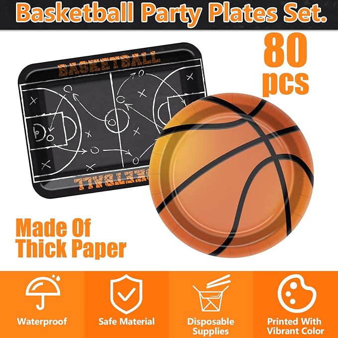 Basketball Party Supplies - 80 Pcs 9" Plates Sports Themed Party Decorations Kit for Kid's Birthday Game Day
