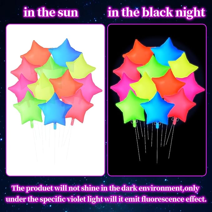 12Pcs Glow in The Dark Party Supply Neon Star Balloons Kit Star Shaped Neon Foil Balloons Blacklight Reactive Balloon for Arche Garland UV Blacklight Birthday Wedding Anniversary Graduation Party