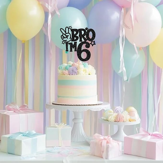 1 PCS Brother I'm 6 Cake Topper Glitter Star Happy 6th Birthday Cake Pick Bro I'm 6 Cake Decoration It's My 6th Birthday Decorations for Boys Cheers to 6 Years Old Birthday Party Supplies Black