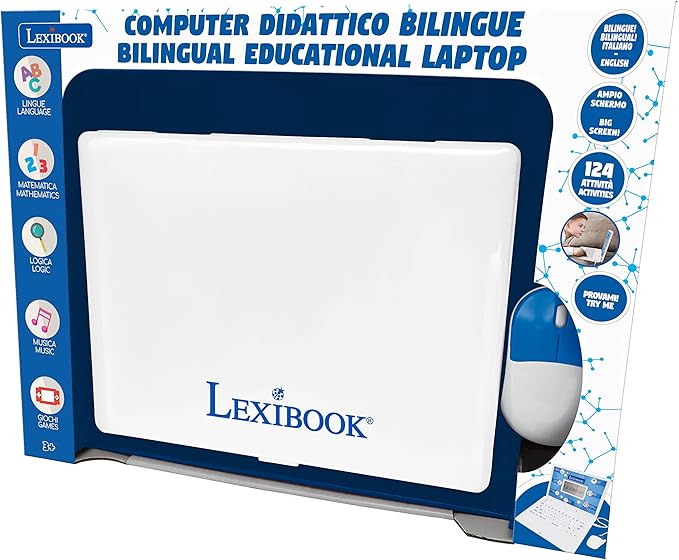 LEXIBOOK, Educational and Bilingual Laptop Italian/English, Toy with 124 Activities to Learn Mathematics, Dactylography, Logic, Clock Reading, Play Games and Music, White, JC598i5